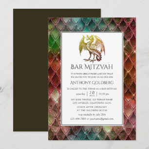 Faux Glitter Dragon themed Bar Mitzvah Invitation