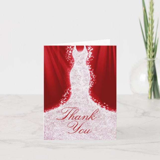 Faux Glitter Dress on Red Thank You Note Card (Front)