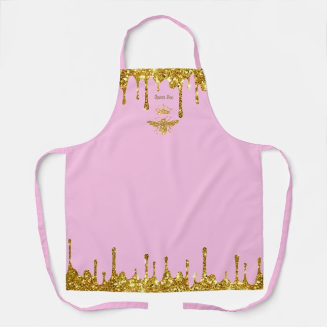 faux glitter drips queen bee on pink apron (Front)
