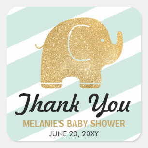 Faux Glitter Elephant Mint Thank You Stickers