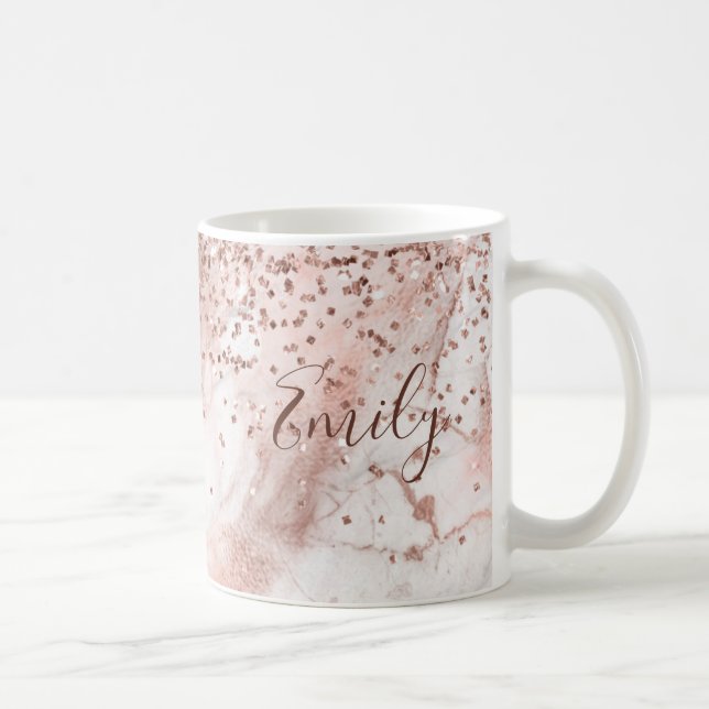 Faux Glitter Girly Rose Gold Marble Personalized Coffee Mug (Right)