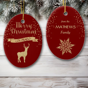 Faux Glitter Gold Elk Colorado Ceramic Ornament