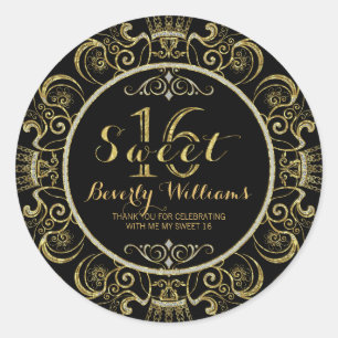 Faux Glitter & Gold Frame On Black Sweet 16 3 Classic Round Sticker