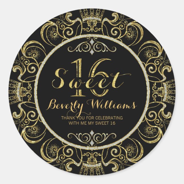 Faux Glitter & Gold Frame On Black Sweet 16 3 Classic Round Sticker (Front)
