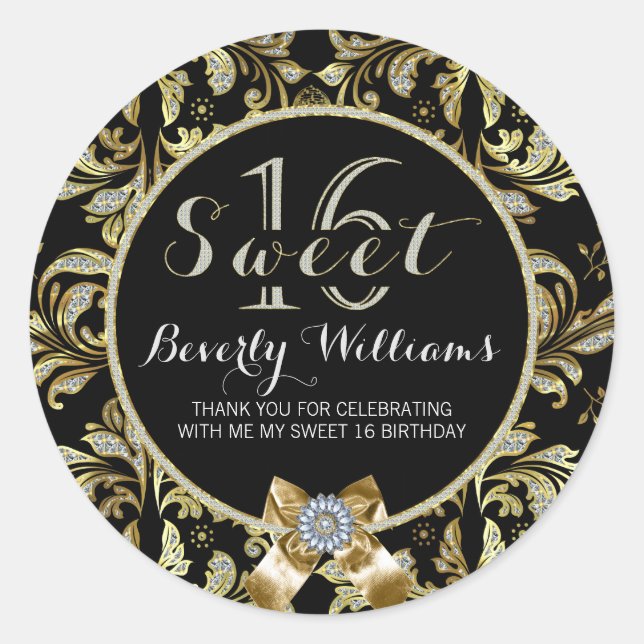 Faux Glitter & Gold Lace On Black Sweet 16 2 Classic Round Sticker (Front)