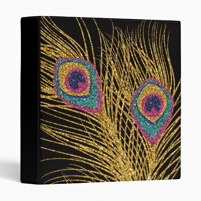 Faux Glitter Gold Peacock Feathers Binder (Front/Spine)