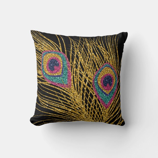 Faux Glitter Gold Peacock Feathers Throw Pillow (Front)