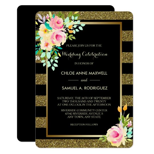 Faux Glitter Gold Stripe Roses Wedding Invitation