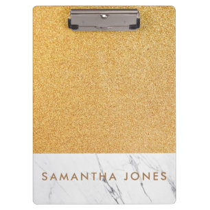 Faux Glitter Gold White Marble Personalised Clipboard