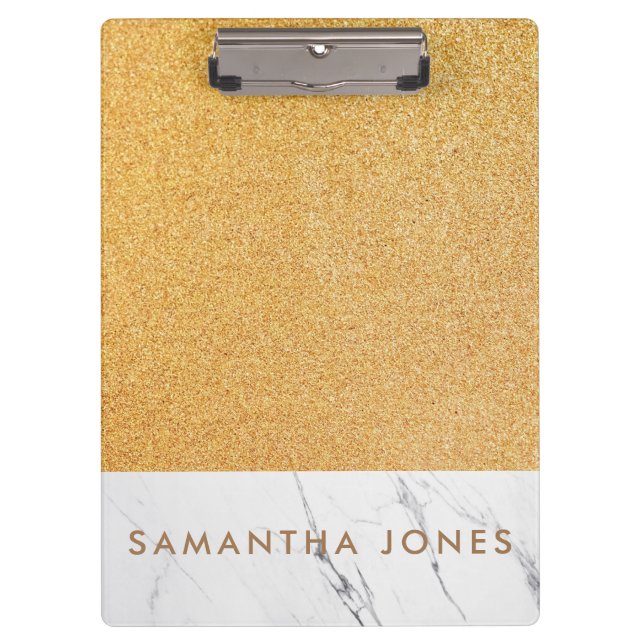 Faux Glitter Gold White Marble Personalized Clipboard (Front)