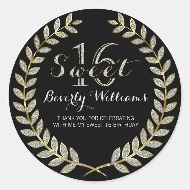 Faux Glitter & Gold Wreath On Black Sweet 16 Classic Round Sticker (Front)