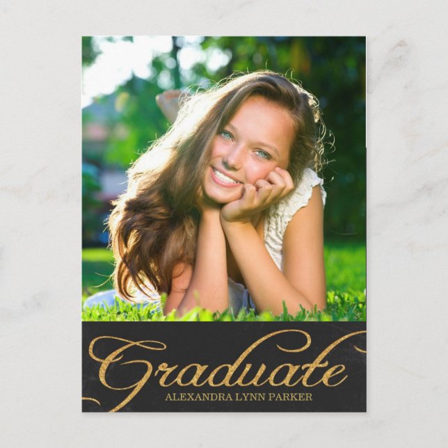 Faux Glitter Graduation Invite Postcard / Black (Front)