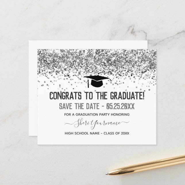 Faux Glitter Graduation Party Save the Date (Front/Back In Situ)
