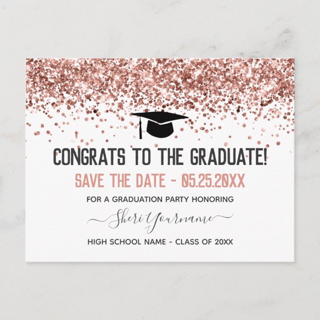 Faux Glitter Graduation Party Save the Date Invita Postcard (Front)