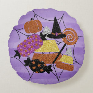 Faux Glitter Halloween Candy Spider Web Collage Round Pillow