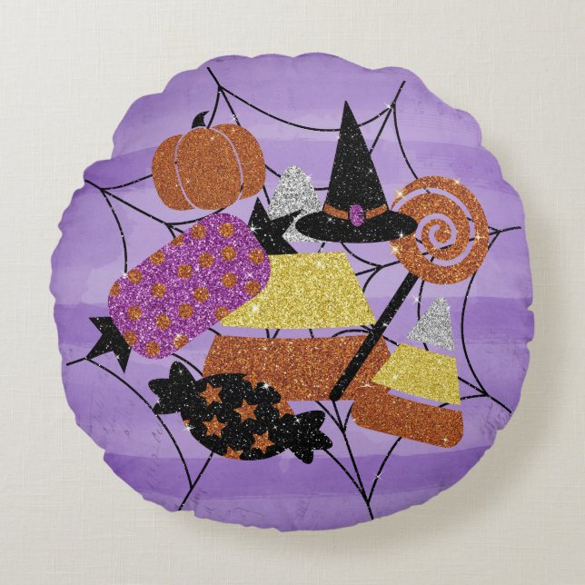 Faux Glitter Halloween Candy Spider Web Collage Round Pillow (Front)