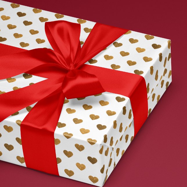 Faux Glitter Heart Patterned Gold Wrapping Paper (pattern of small faux gold glitter hearts on white for wrapping a special gift for a loved one)