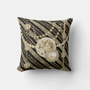Faux Glitter & Jewels Gold & Black Tones Square Throw Pillow