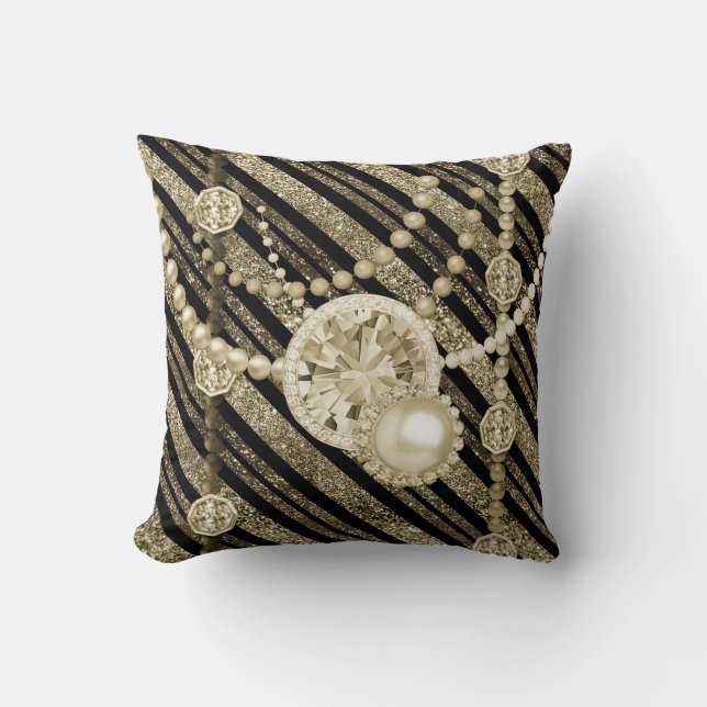 Faux Glitter & Jewels Gold & Black Tones Square Throw Pillow (Front)