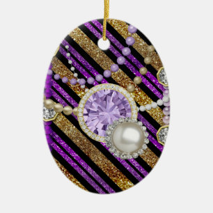 Faux Glitter & Jewels Purple & Gold Tones Ceramic Ornament