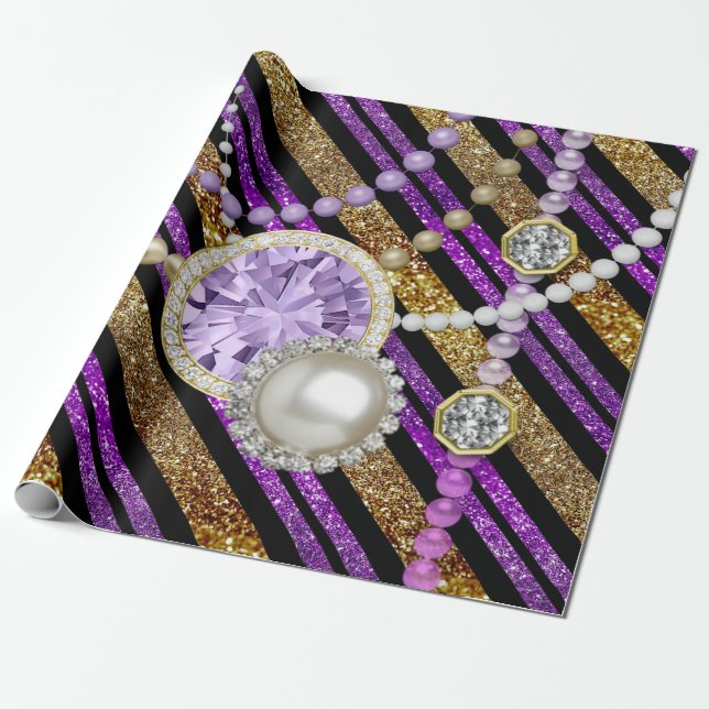 Faux Glitter & Jewels Purple & Gold Tones Wrapping Paper (Unrolled)