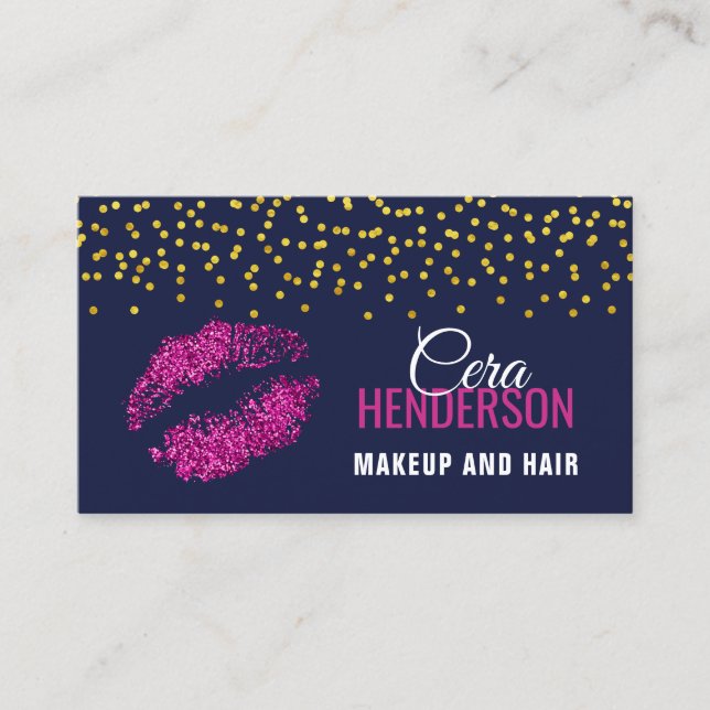 Faux Glitter Lips Gold Confetti Makeup Artist Business Card (Front)