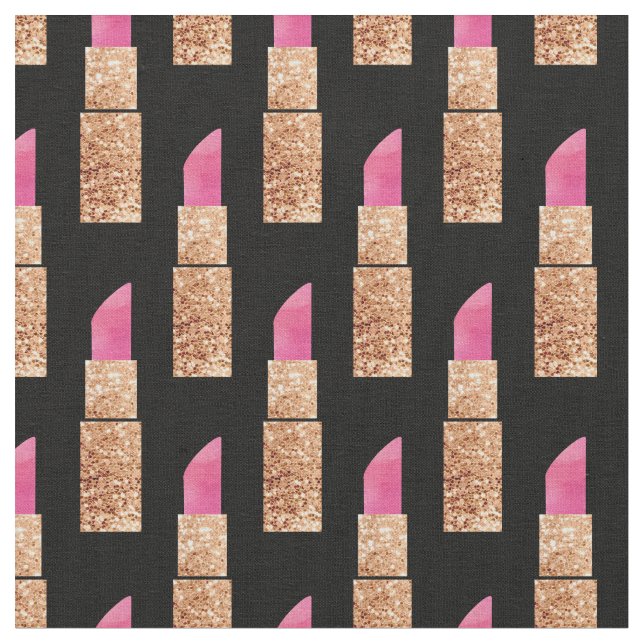 Faux Glitter Lipstick Makeup Beauty Pattern Black Fabric (Close Up)