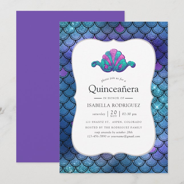 Faux Glitter Mermaid Scale Pattern Quinceanera Invitation (Front/Back)