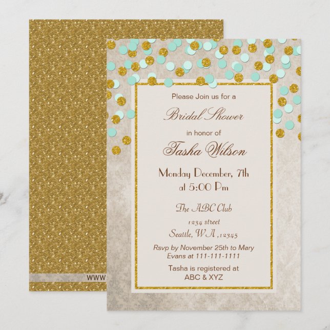 FAUX Glitter Mint Gold confetti Bridal Shower Invitation (Front/Back)