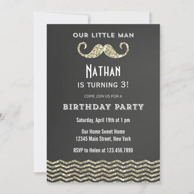 Faux Glitter Moustache Birthday Invitation (Front)