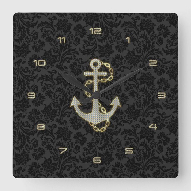Faux Glitter Nautical Anchor Black Background Square Wall Clock (Front)