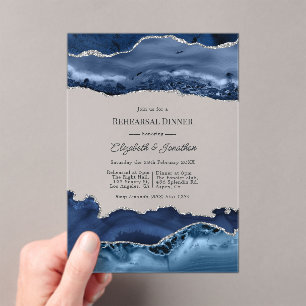 Faux Glitter Navy & Silver Agate Rehearsal Dinner Acrylic Invitations