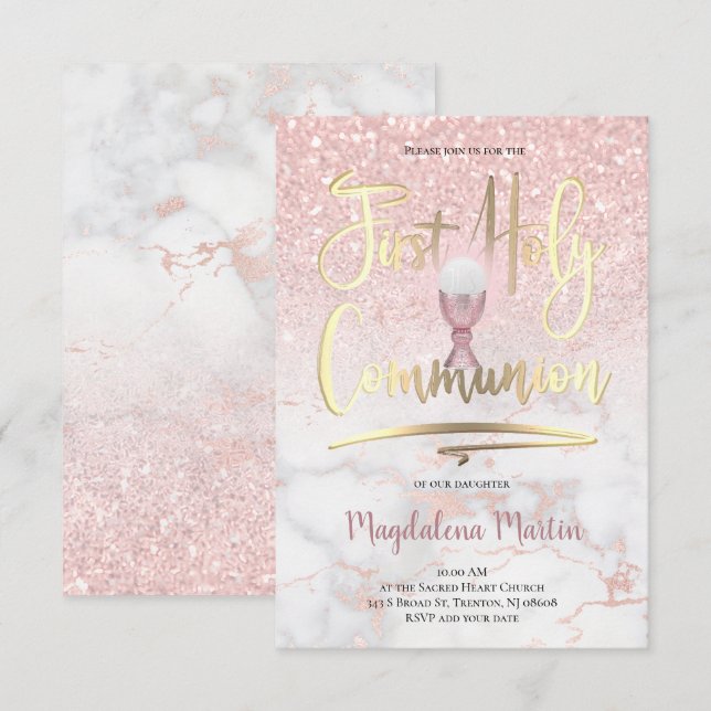 Faux glitter on marble First Holy Communion Invitation (Front/Back)