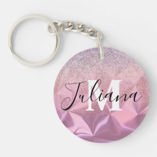 Faux Glitter Pink Brushed Metal Monogrammed  Keychain