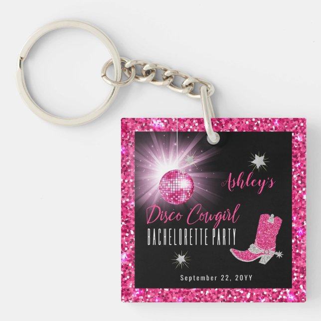 Faux Glitter Pink Disco Cowgirl Bachelorette Party Keychain (Front)