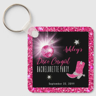 Faux Glitter Pink Disco Cowgirl Bachelorette Party Keychain