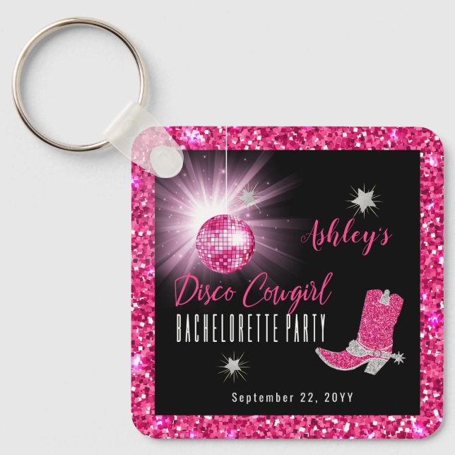 Faux Glitter Pink Disco Cowgirl Bachelorette Party Keychain (Front)
