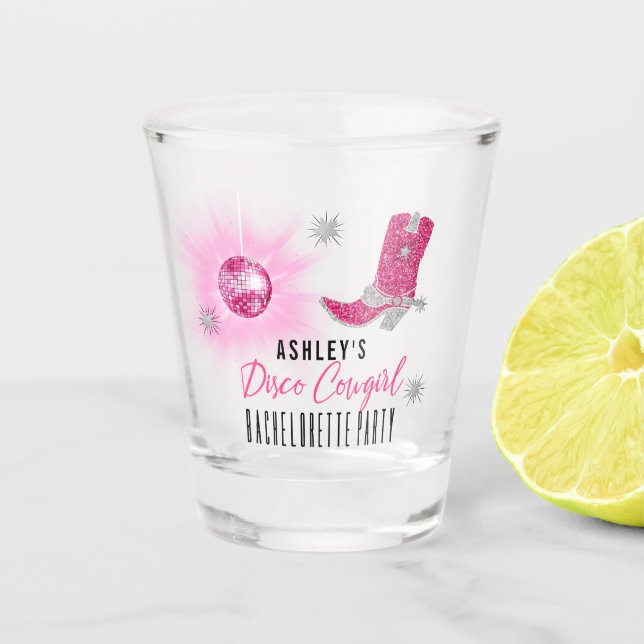 Faux Glitter Pink Disco Cowgirl Bachelorette Party Shot Glass (Front)