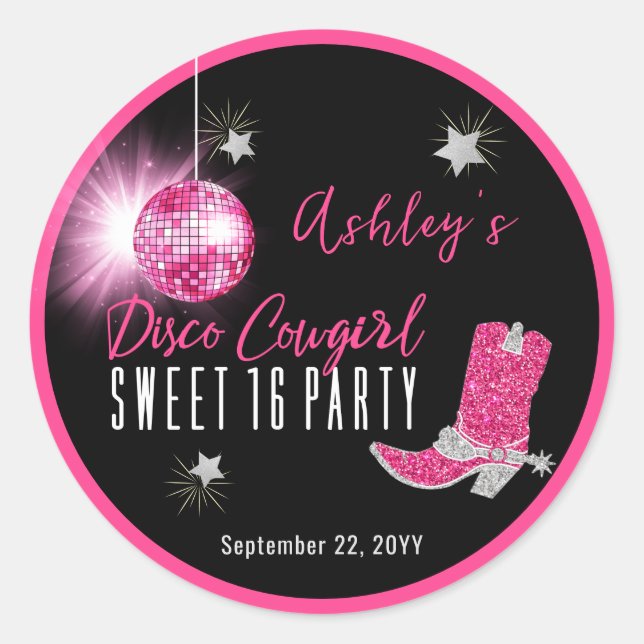 Faux Glitter Pink Disco Cowgirl Sweet 16 Party Classic Round Sticker (Front)