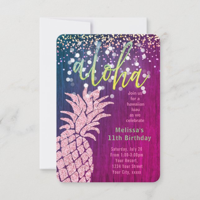 faux glitter pink pineapple summer birthday invitation (Front)