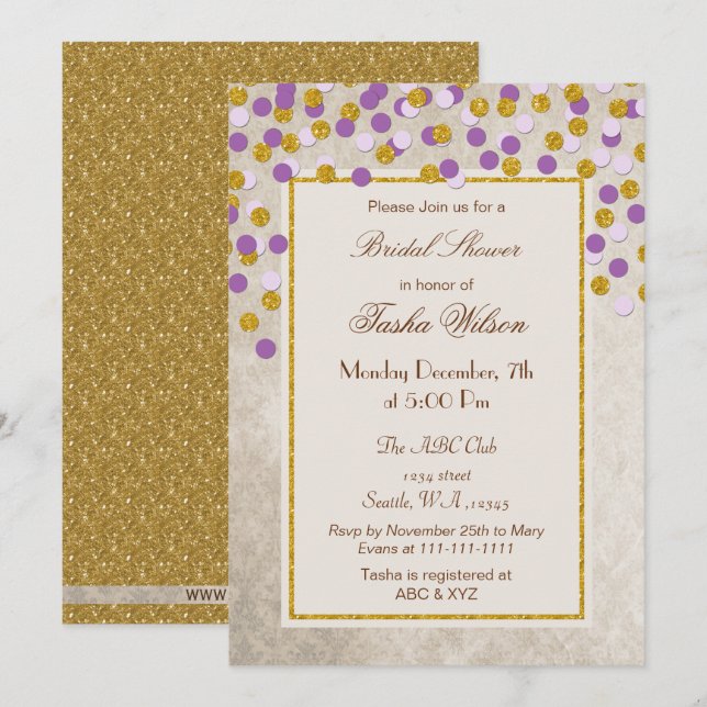 FAUX Glitter purple Gold confetti Bridal Shower Invitation (Front/Back)