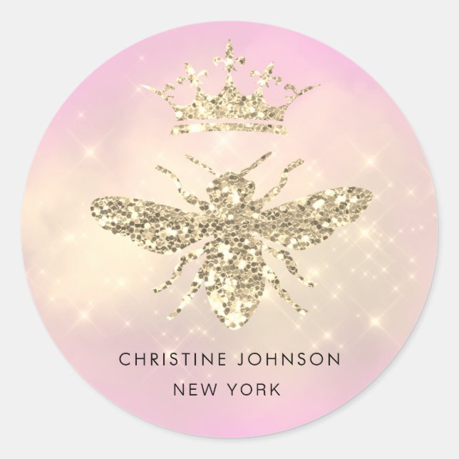 faux glitter queen bee logo on pink classic round sticker (Front)