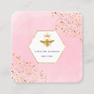 •faux glitter queen bee logo on pink watercolor  square business card