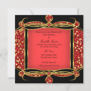 Faux Glitter Red Gold Black Birthday Party Invitation