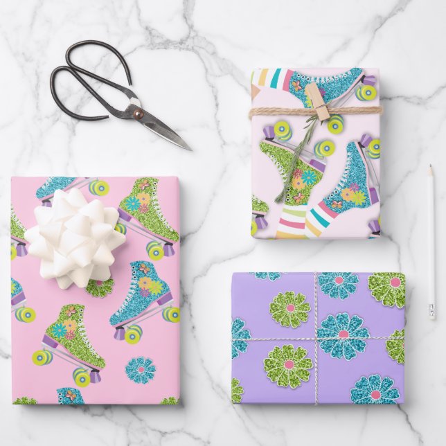 Faux Glitter Roller Staking flowers Party Wrapping Paper Sheet (Front)