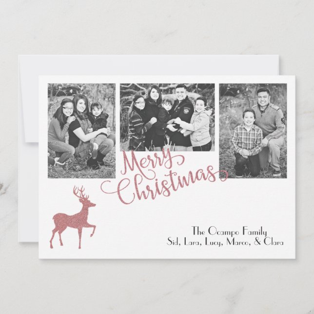 Faux Glitter Rose Gold Christmas Reindeer Holiday Card (Front)