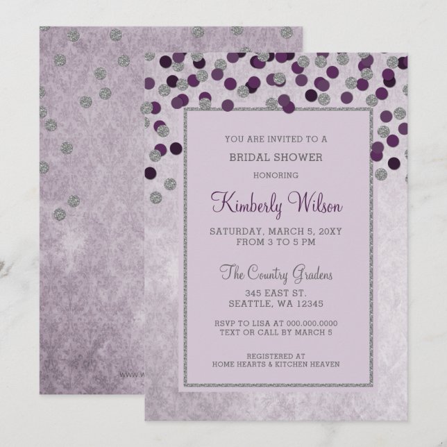 FAUX Glitter Silver Purple confetti Bridal Shower Invitation (Front/Back)