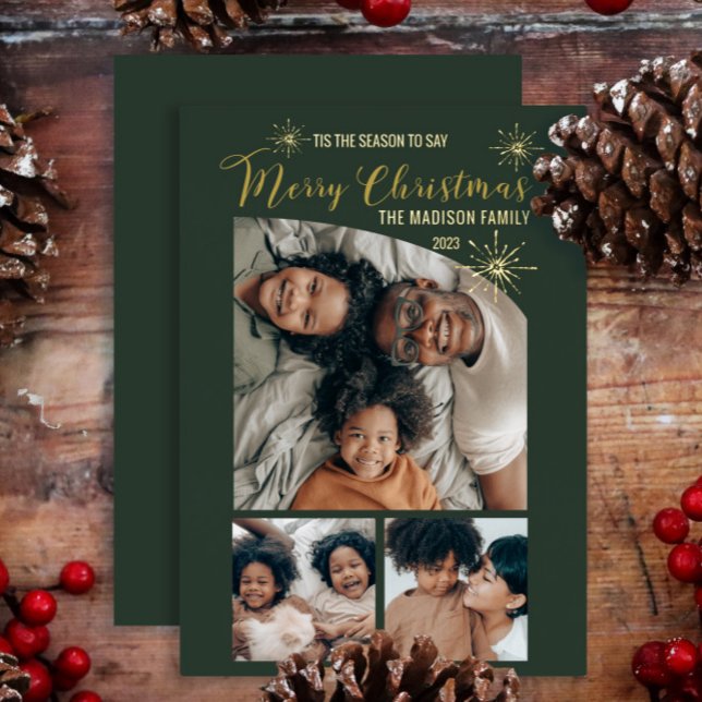Faux Glitter Tapered Top 3 Photo Merry Christmas   Foil Holiday Card (Say "Merry Christmas" in unique, elegant style with 3-photo gold foil cards.  Top tapered photo!)