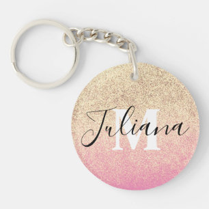 Faux Glitter Two Tone Pink Gold Monogrammed Keychain