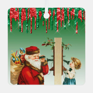 Faux Glitter Vintage Santa and Girl on Telephone Metal Ornament
